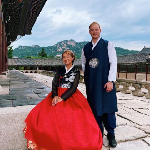 Kristopher Steven Keach with his mother, Jane Seymour in a traditional Korean dress
